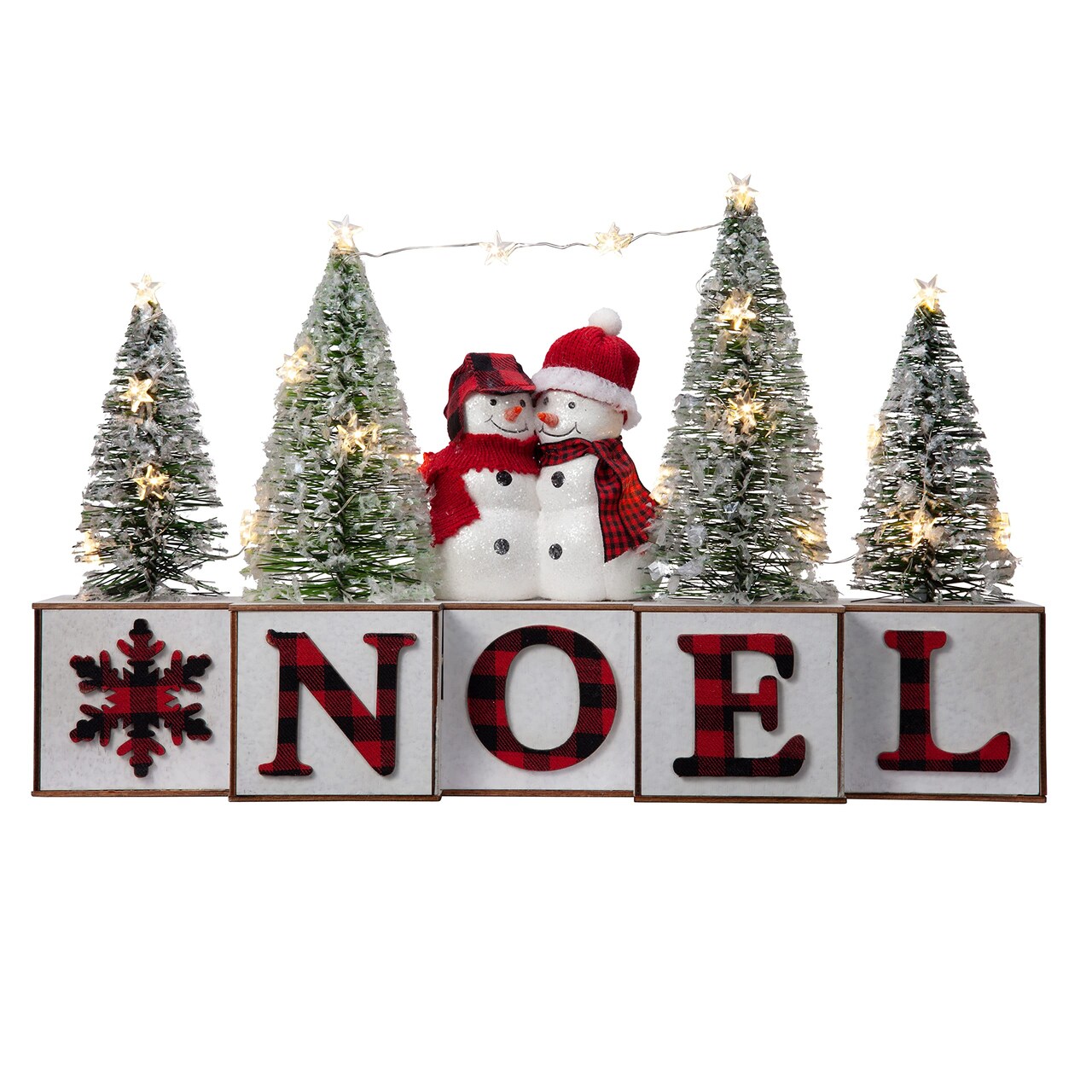 Haute Decor Christmas Wood Blocks Noel with Snowmen Couple, LED Lighted Trees, Battery Operated Automatic Timer - Prelit Christmas Holiday Decoration for Table, Shelving, Counter, Mantel